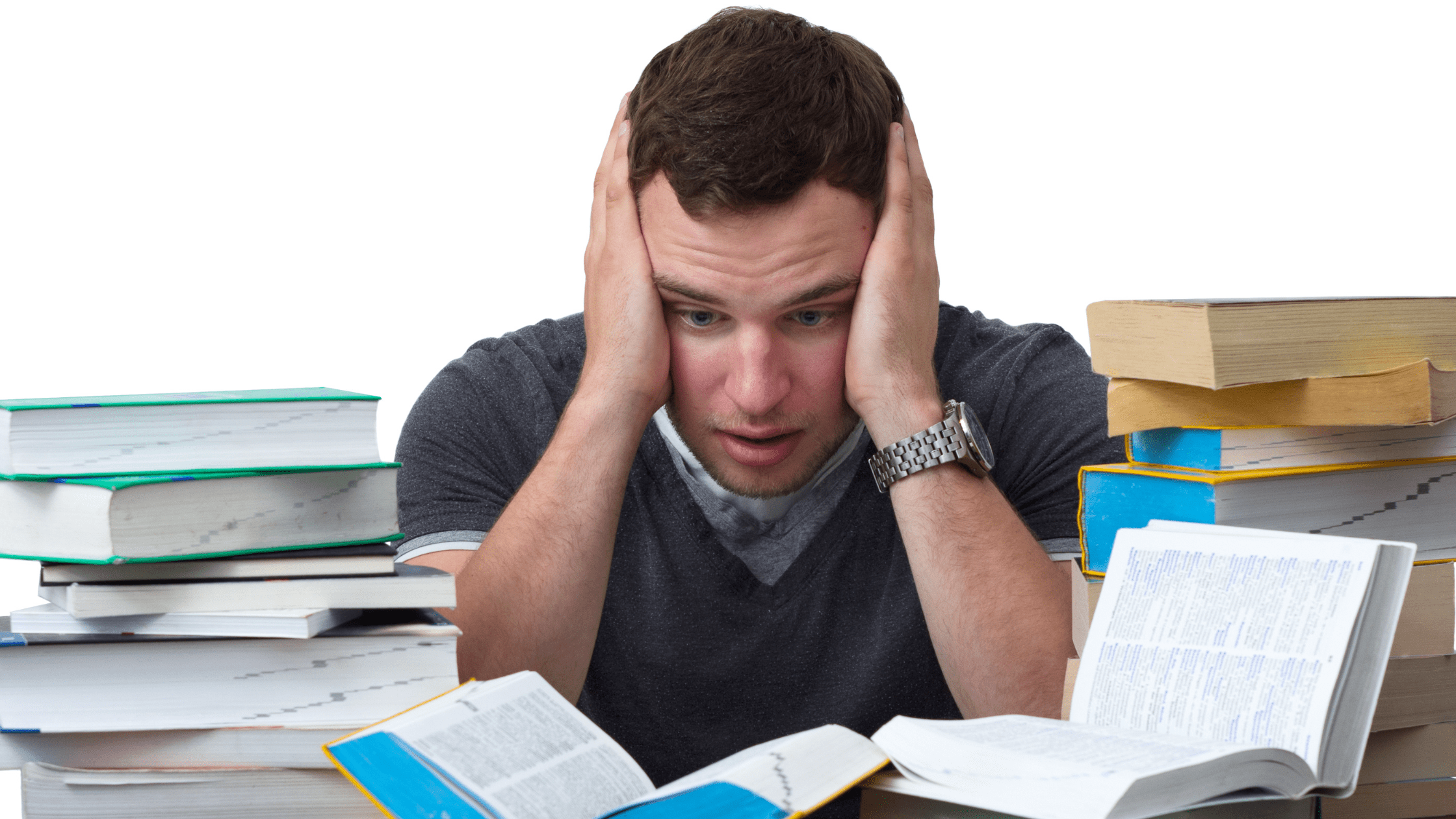 A student surrounded by study books and thinking if he can cancel and postpone MCAT.